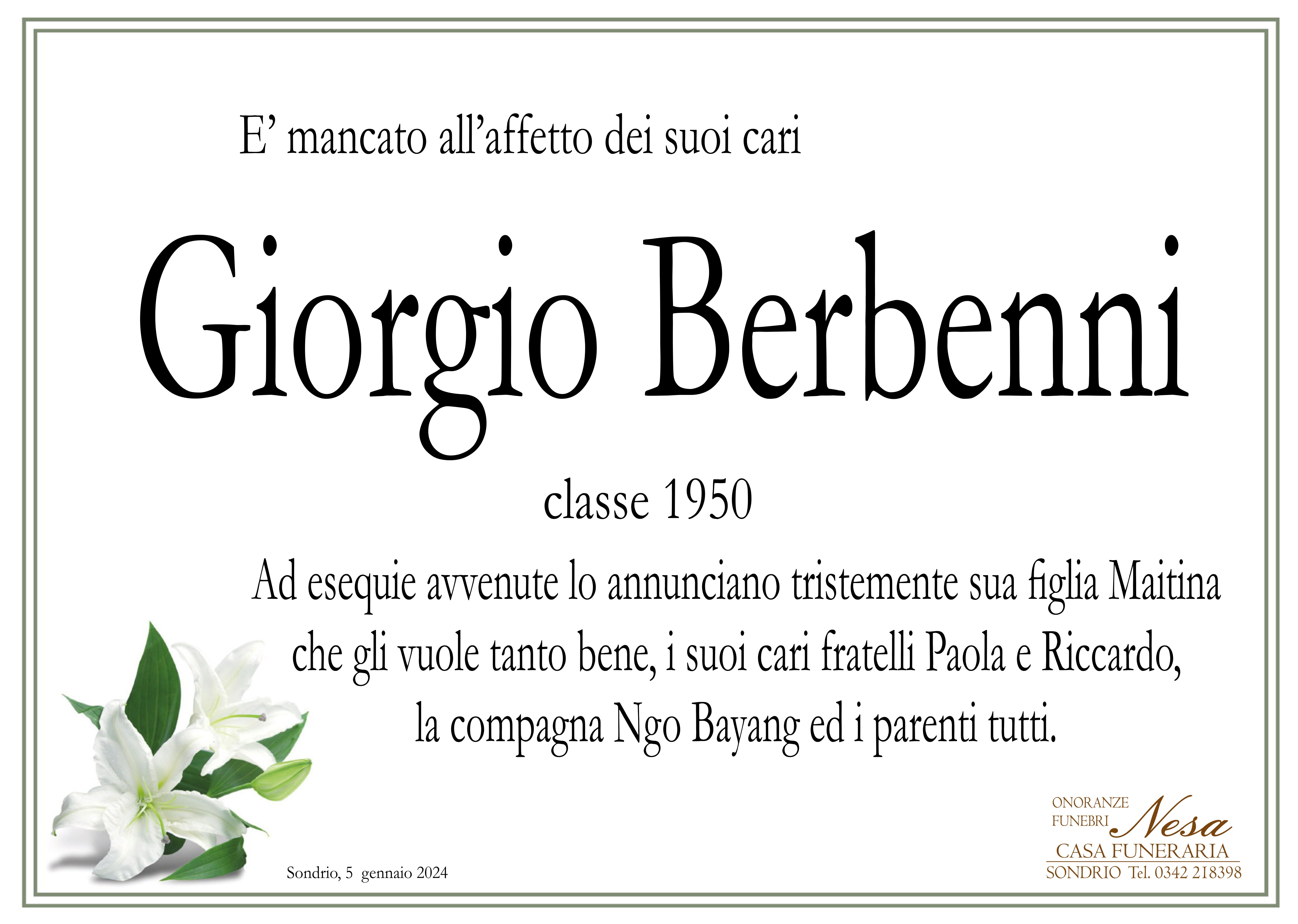 Necrologio Giorgio Berbenni